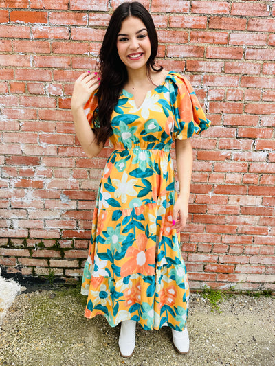 Can't Stay Away Floral Midi Dress • Peach Orange-Umgee-Shop Anchored Bliss Women's Boutique Clothing Store