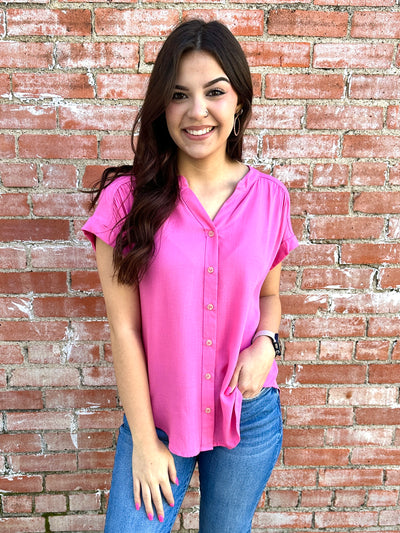 In My Element Roll Sleeve Button Down Top • Light Fuchsia-Blu Pepper-Shop Anchored Bliss Women's Boutique Clothing Store