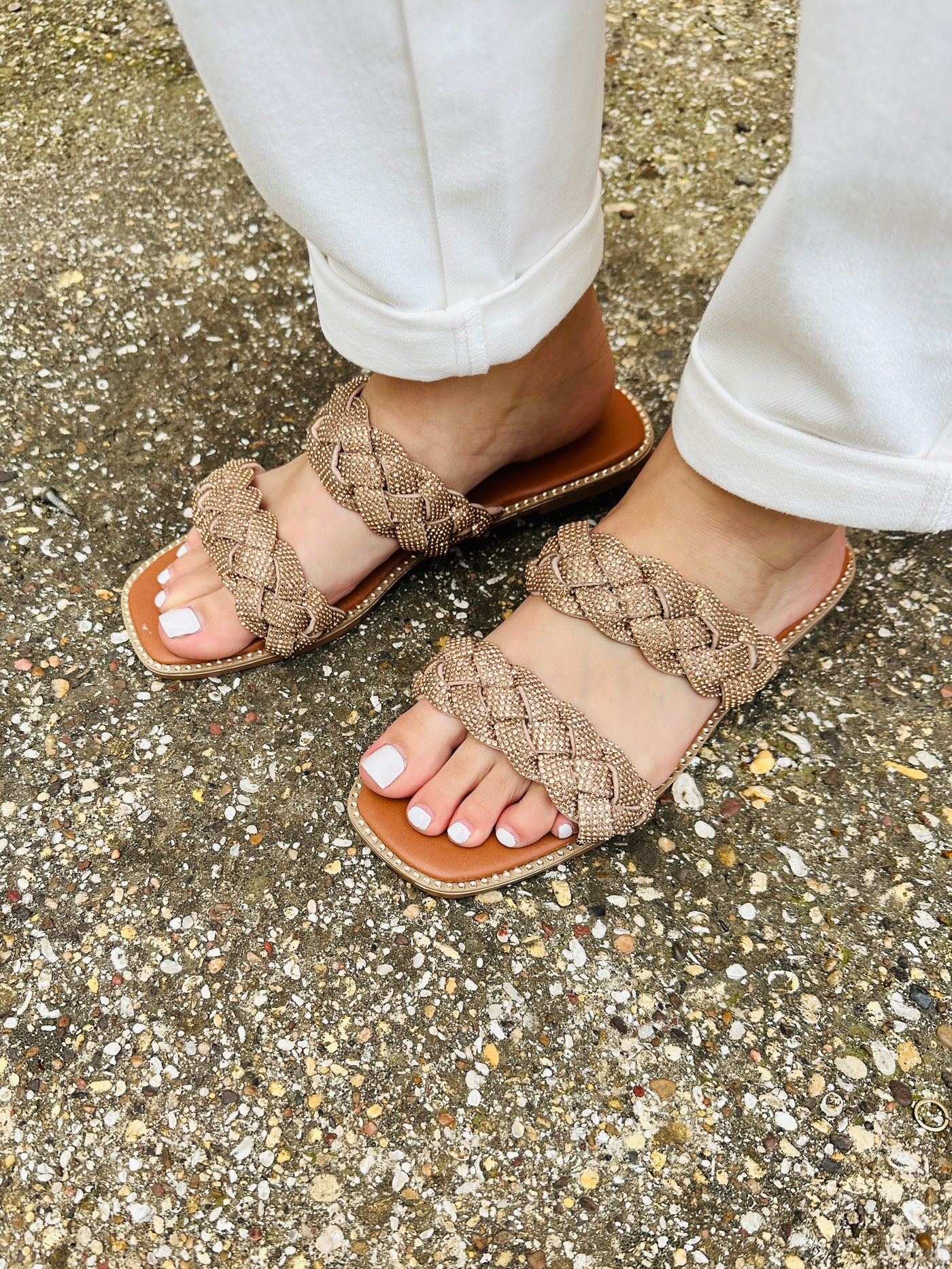 Walk Through Town Braided Rhinestone Sandals • Rose Gold-Tracy Zelenuk-Shop Anchored Bliss Women's Boutique Clothing Store