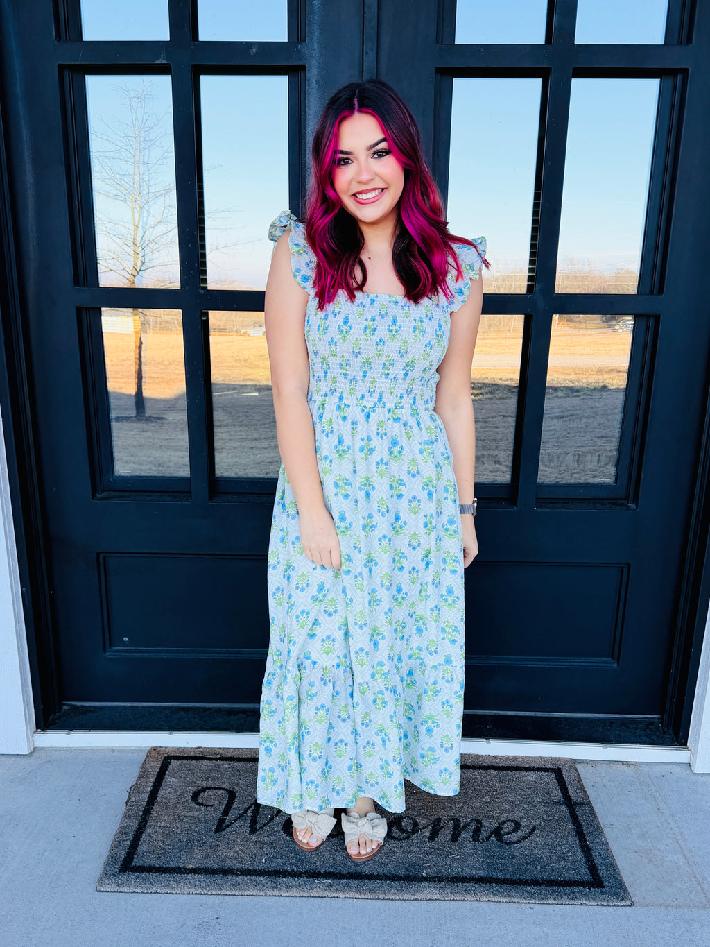 Blue Floral Smocked Sleeveless Midi Dress with Ruffle Straps – Anchored Bliss Boutique