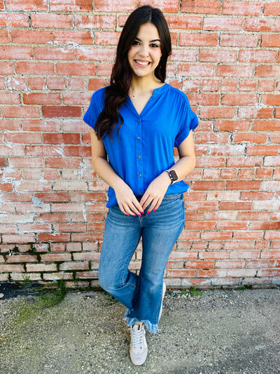 In My Element Roll Sleeve Button Down Top • Royal Blue-Blu Pepper-Shop Anchored Bliss Women's Boutique Clothing Store