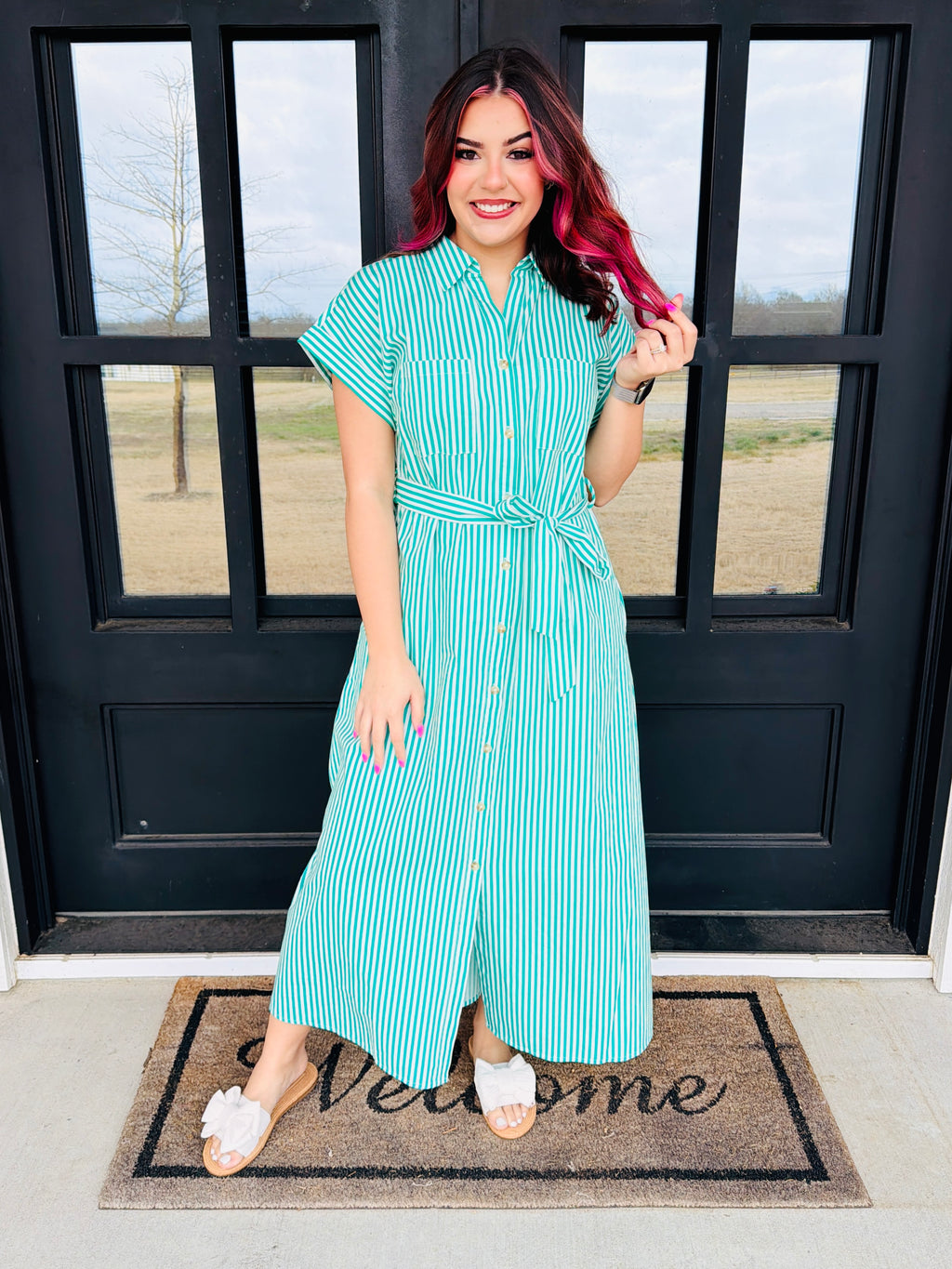 Remember Me Always Striped Poplin Midi Dress • Green – Anchored Bliss Boutique