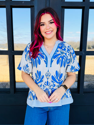 This Feels Right Abstract Print Bubble Sleeve Top • Blue-Umgee-Shop Anchored Bliss Women's Boutique Clothing Store