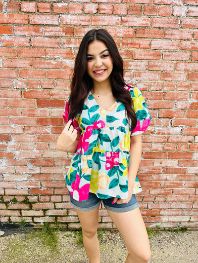 So Blessed Floral Print Babydoll Top • Mint-Umgee-Shop Anchored Bliss Women's Boutique Clothing Store