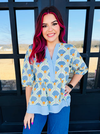 I'll Be There Half Sleeve Woven & Stripe Print Top • Blue-She+Sky-Shop Anchored Bliss Women's Boutique Clothing Store