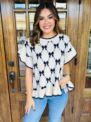 Sprung on You Bow Knit Ruffle Sleeve Sweater • Cream-Stacey Kluttz-Shop Anchored Bliss Women's Boutique Clothing Store
