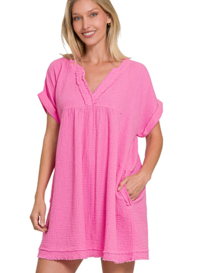 Looking Fly Gauze V Neck Dress • Candy Pink-Zenana-Shop Anchored Bliss Women's Boutique Clothing Store