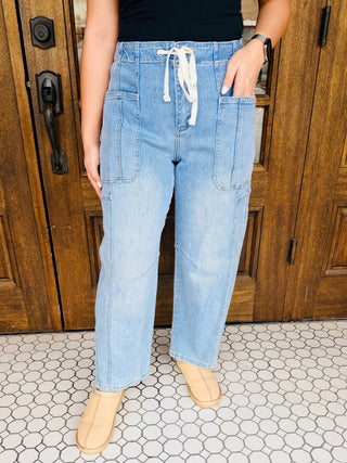 Risen Minding My Business Barrel Cargo Denim Jeans-Risen-Shop Anchored Bliss Women's Boutique Clothing Store