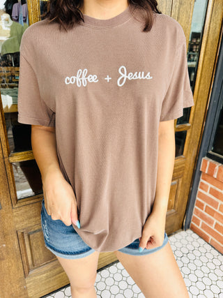 Coffee & Jesus Embroirdered Graphic Tee-Harps & Oli-Shop Anchored Bliss Women's Boutique Clothing Store