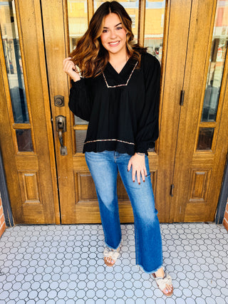 Matter of Time Linen V-Neck Leopard Trim Top • Black-Umgee-Shop Anchored Bliss Women's Boutique Clothing Store