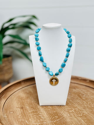Roswell Cross Coin Necklace • Turquoise-Canvas Style-Shop Anchored Bliss Women's Boutique Clothing Store