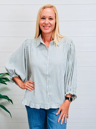 Touch of Ruffles Woven Striped Button Down Top • Blue-Anchored Bliss Boutique-Shop Anchored Bliss Women's Boutique Clothing Store