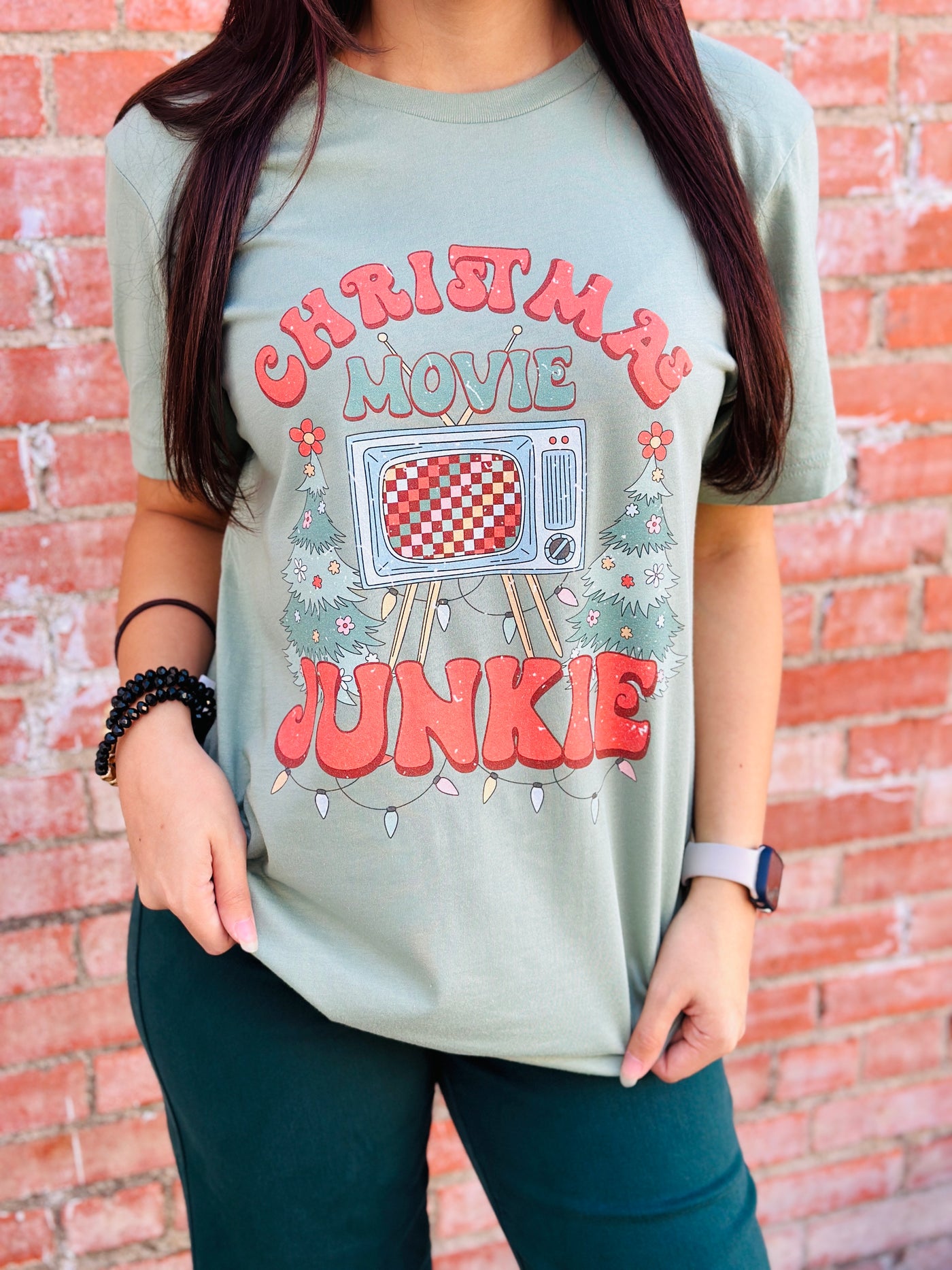 Christmas Movie Junkie Graphic Tee-Harps & Oli-Shop Anchored Bliss Women's Boutique Clothing Store