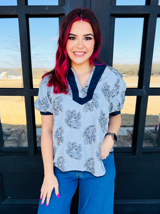 Full of Heart Embroidered V-Neck Puff Sleeve Top • Blue-Umgee-Shop Anchored Bliss Women's Boutique Clothing Store