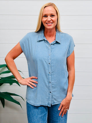 Easy Like Sunday Morning Collared Button Down Top • Chambray-Stacey Kluttz-Shop Anchored Bliss Women's Boutique Clothing Store