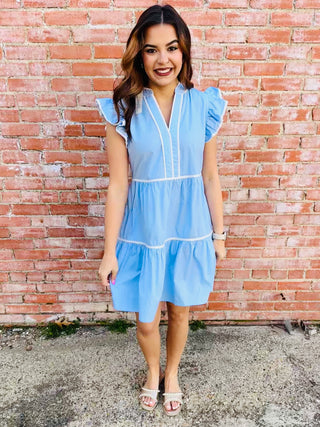 Believe in Me Ruffle Sleeve Woven Tiered Dress • Light Blue-She+Sky-Shop Anchored Bliss Women's Boutique Clothing Store