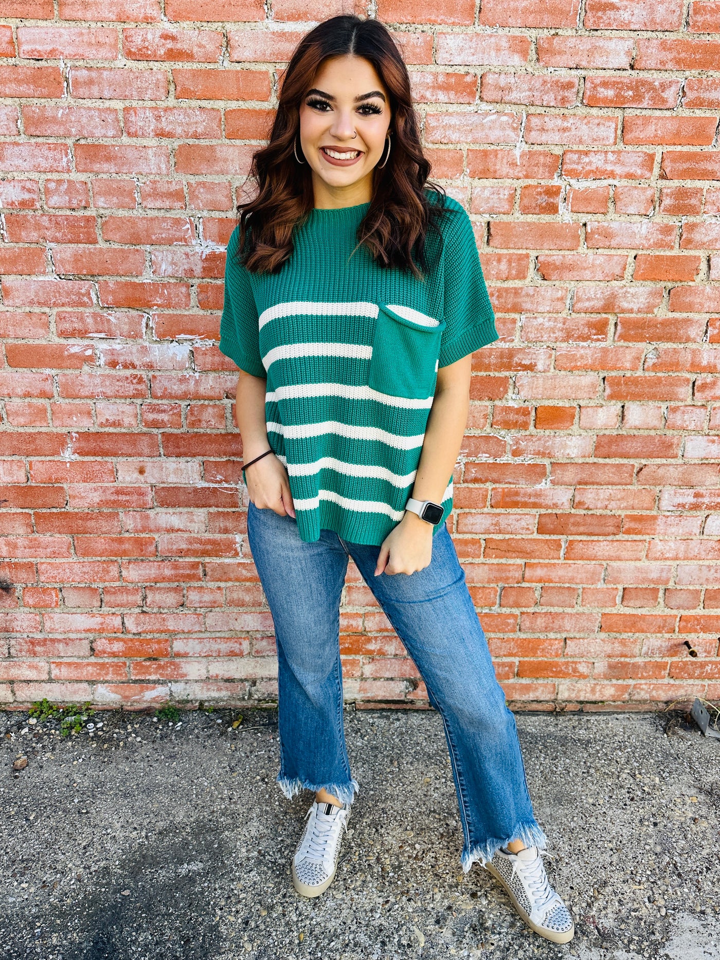 Heard About You Striped Sweater Top • Green-She+Sky-Shop Anchored Bliss Women's Boutique Clothing Store