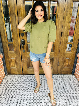 A Solid Love Knitted Flower Top • Olive-Oddi-Shop Anchored Bliss Women's Boutique Clothing Store