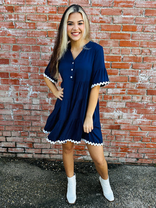 A Little Extra Rickrack Dress • Navy-Stacey Kluttz-Shop Anchored Bliss Women's Boutique Clothing Store