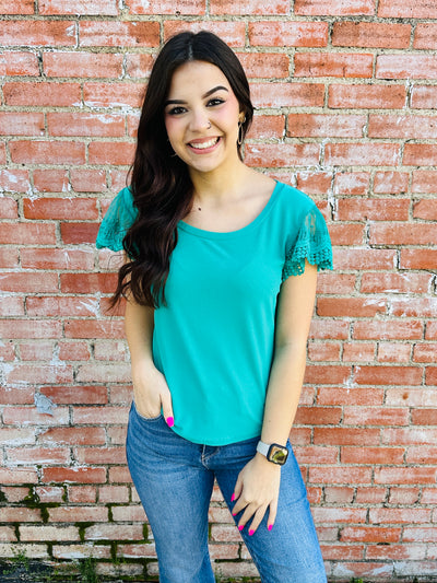 Thriving All Night Lace Sleeve Top • Green-Tracy Zelenuk-Shop Anchored Bliss Women's Boutique Clothing Store