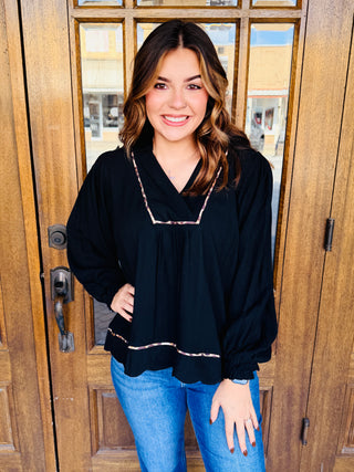 Matter of Time Linen V-Neck Leopard Trim Top • Black-Umgee-Shop Anchored Bliss Women's Boutique Clothing Store