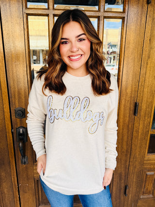 Bulldogs Cursive White & Gold Sequin Patch Sweatshirt-Harps & Oli-Shop Anchored Bliss Women's Boutique Clothing Store