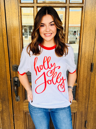 Holly Jolly Ringer Graphic Tee-PPTX-Shop Anchored Bliss Women's Boutique Clothing Store