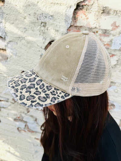 Leopard Brim Distressed Hat • Tan-DMC-Shop Anchored Bliss Women's Boutique Clothing Store