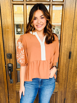Say It’s Us Peplum Embroidered Puff Sleeve Top • Mocha-Oddi-Shop Anchored Bliss Women's Boutique Clothing Store