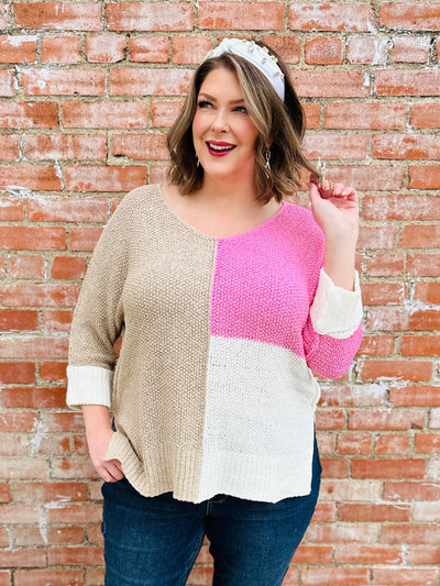 Excited for This Colorblock V-Neck Sweater • Bubble Pink-EESome-Shop Anchored Bliss Women's Boutique Clothing Store