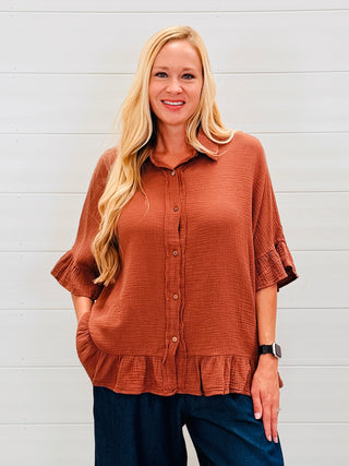 Confident in Every Way Gauze Ruffle Sleeve Top • Brown-Easel-Shop Anchored Bliss Women's Boutique Clothing Store