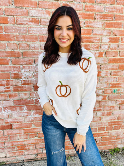 Happy Days Pumpkin Knit Sweater • Cream-Simply Southern-Shop Anchored Bliss Women's Boutique Clothing Store