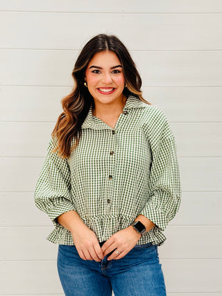Just in Time Plaid Collared Peplum Top • Green-Entro-Shop Anchored Bliss Women's Boutique Clothing Store