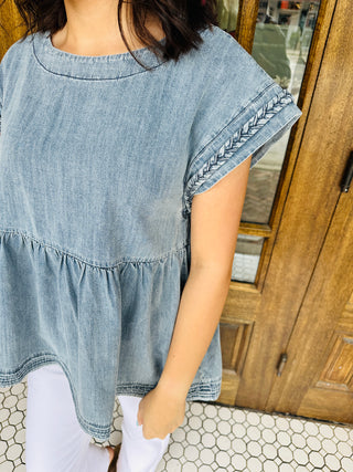 Find Your Way Braided Sleeve Denim Top-She+Sky-Shop Anchored Bliss Women's Boutique Clothing Store