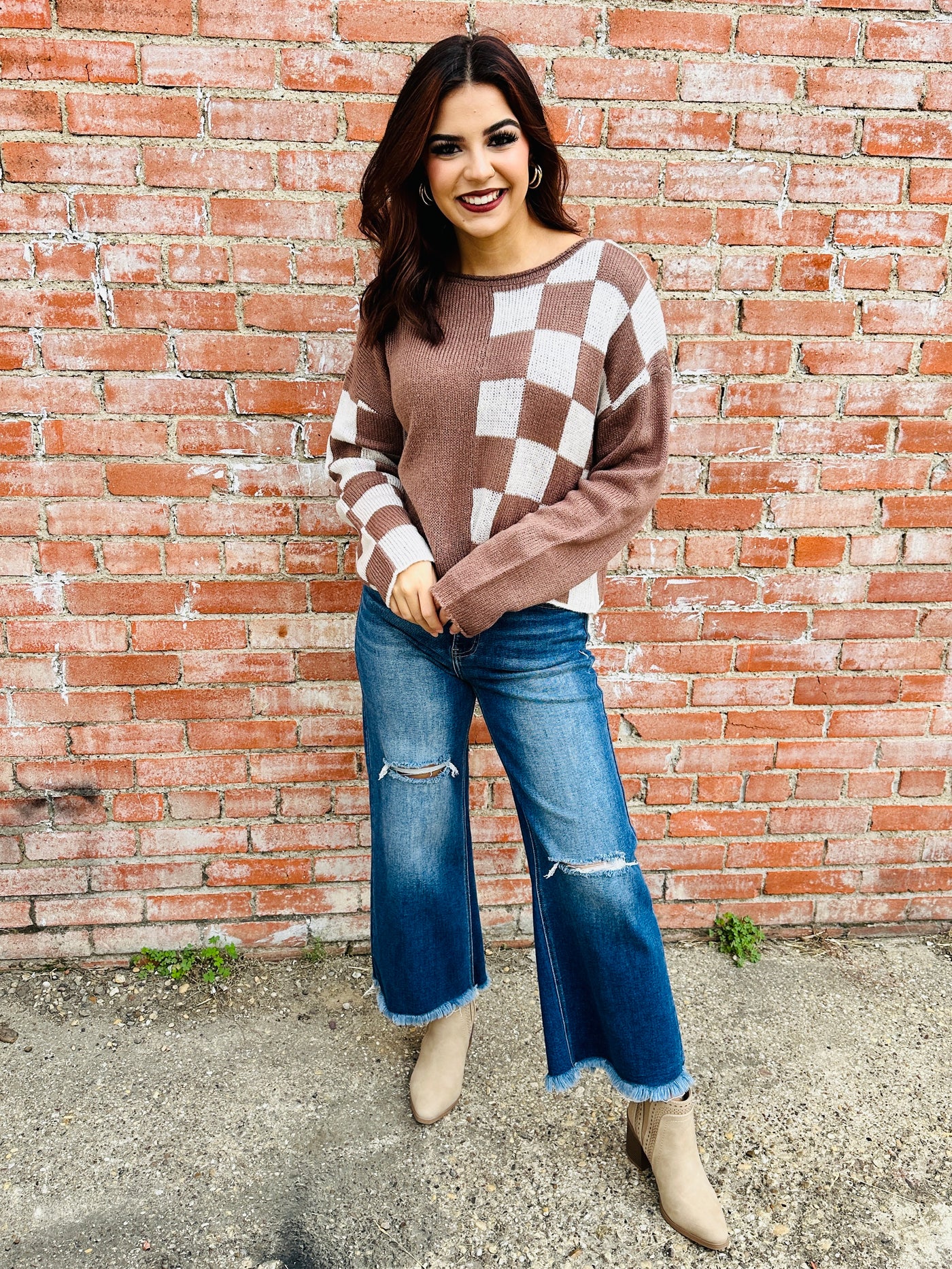 Warmest Wishes Color Block Checkered Sweater • Mocha-Blu Pepper-Shop Anchored Bliss Women's Boutique Clothing Store