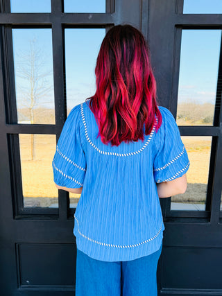 Seeking Blue Skies Boho Puff Sleeve Top • Blue-Umgee-Shop Anchored Bliss Women's Boutique Clothing Store