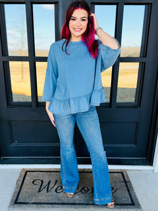 You Go Girl Ruffle Bottom Acid Washed Tunic Top • Blue-Easel-Shop Anchored Bliss Women's Boutique Clothing Store