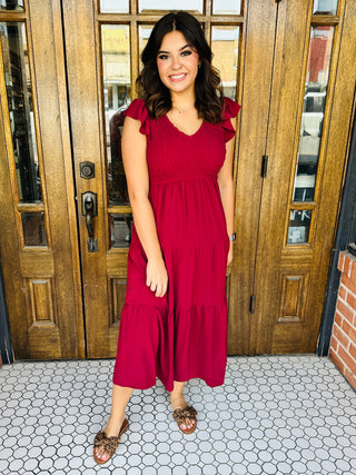 Anything For You Flutter Sleeve Midi Dress • Burgundy-Blu Pepper-Shop Anchored Bliss Women's Boutique Clothing Store
