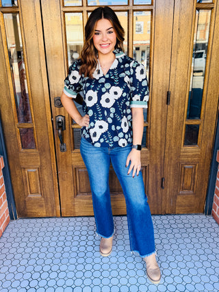 Keep Me Smiling Floral Print Puff Sleeve Top Navy-Entro-Shop Anchored Bliss Women's Boutique Clothing Store