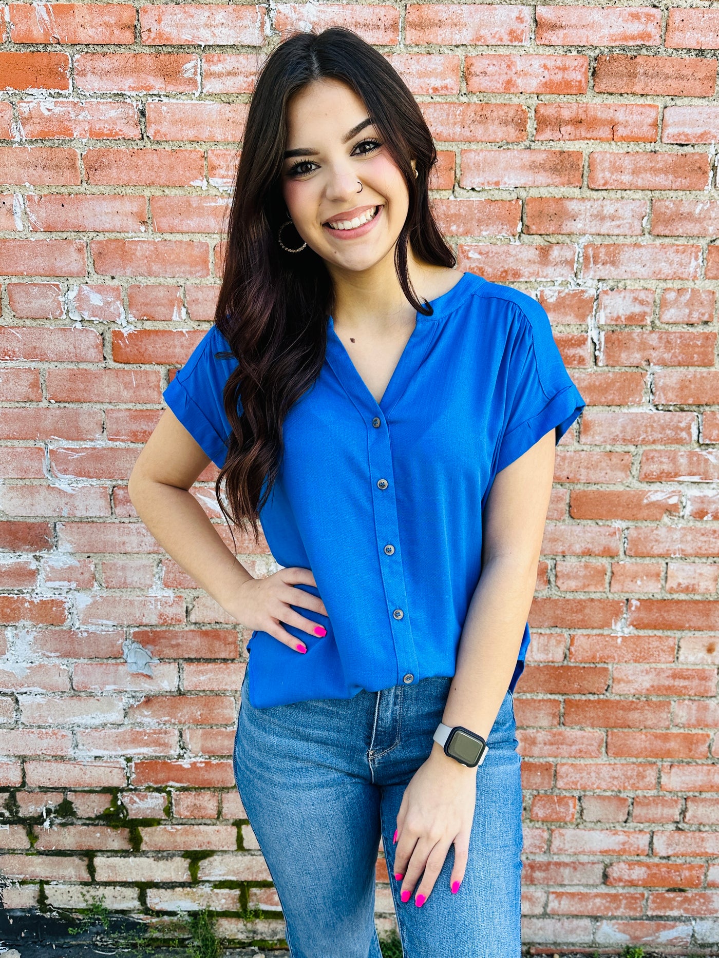 In My Element Roll Sleeve Button Down Top • Royal Blue-Blu Pepper-Shop Anchored Bliss Women's Boutique Clothing Store