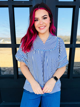 Stir it Up Striped Puff Sleeve Babydoll Top • Blue-Umgee-Shop Anchored Bliss Women's Boutique Clothing Store