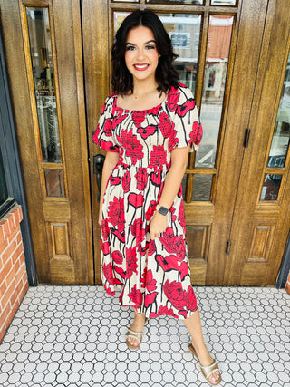 Field of Flowers Puff Sleeve Maxi Dress • Red-She+Sky-Shop Anchored Bliss Women's Boutique Clothing Store