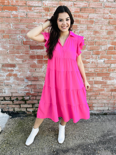 Doing My Best Tiered Midi Dress • Hot Pink-Tracy Zelenuk-Shop Anchored Bliss Women's Boutique Clothing Store
