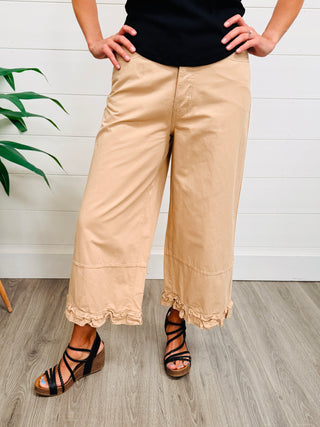 Never Have I Ever Wide Legged Ruffle Hem Pants • Khaki-Easel-Shop Anchored Bliss Women's Boutique Clothing Store
