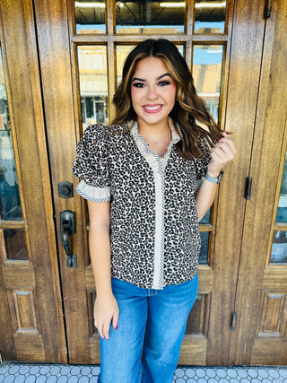 Come Again Leopard Puff Sleeve Top • Brown-Entro-Shop Anchored Bliss Women's Boutique Clothing Store