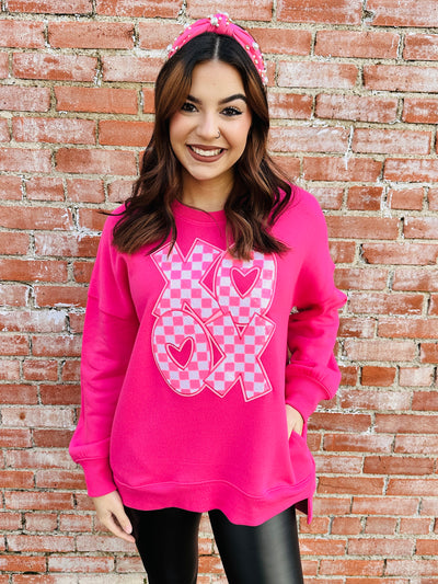 XOXO Pink Checkered Sequin Patch Sweatshirt-Harps & Oli-Shop Anchored Bliss Women's Boutique Clothing Store