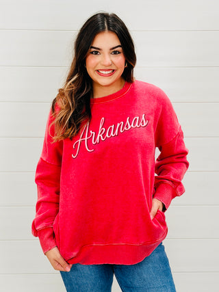 Arkansas Embroidered Mineral Washed Sweatshirt • Red-Harps & Oli-Shop Anchored Bliss Women's Boutique Clothing Store