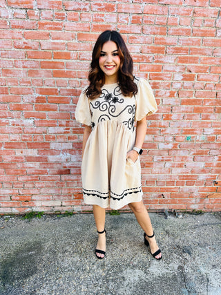 Always Into You Embroidered Dress • Taupe-She+Sky-Shop Anchored Bliss Women's Boutique Clothing Store