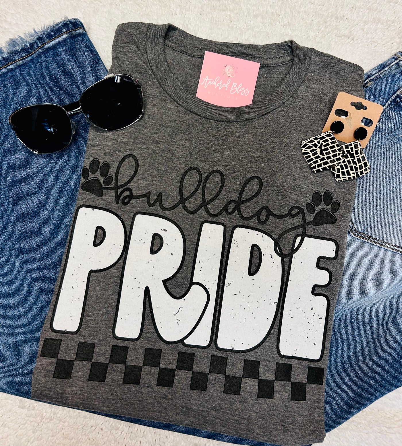 Checkered Paw Print Bulldog Pride Graphic Tee-Harps & Oli-Shop Anchored Bliss Women's Boutique Clothing Store