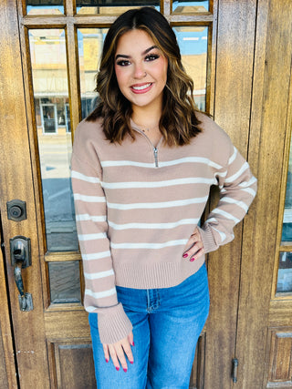 Lets Make Plans Striped Half Zip Sweater • Tan-HYFVE-Shop Anchored Bliss Women's Boutique Clothing Store
